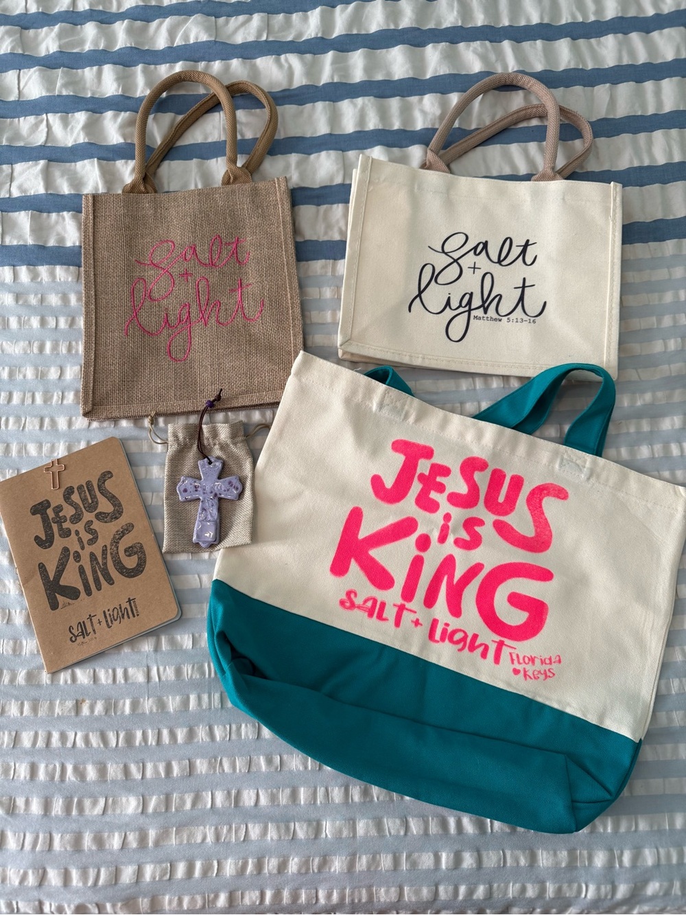 Salt & Light Jesus Totes, notebook and ornament.